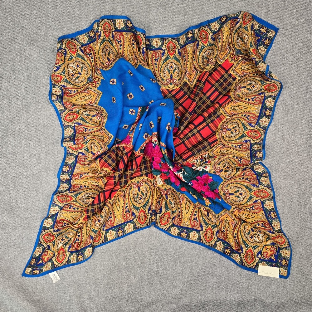 Echo 100% Wool Scarf 34" Square Floral Paisley Plaid Challis Blue Multicolor NWT - Picture 2 of 12